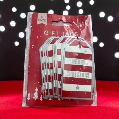 Picture of 10 x merry christmas gift tags red packet white and red striped tags silver writing red twine