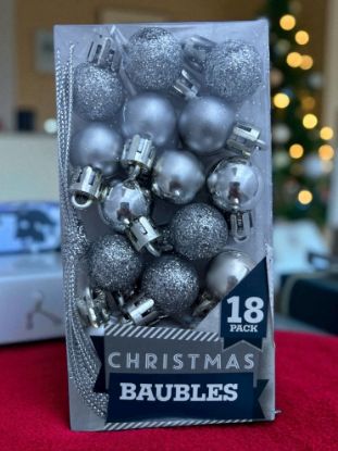 Picture of 18 x Miniature Silver Christmas Tree Silver Baubles 3 designs
