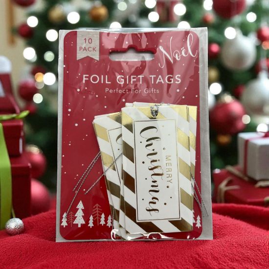Picture of 10 x gold white foil merry christmas gift tags gold and white with silver twine