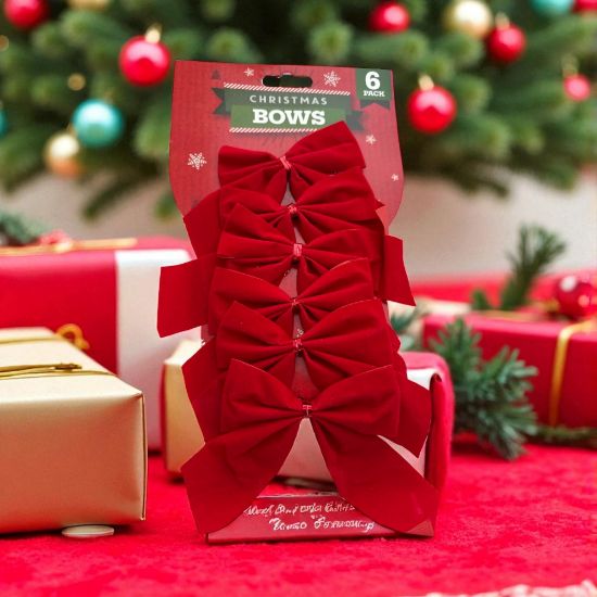 Picture of 6 x red velvet bows christmas ribbon bows decorations
