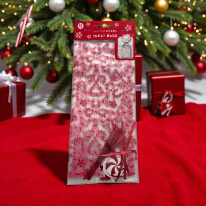 Picture of 10 x Christmas Candy Cane Cellophane Bags:  Candy Cane Treat bags