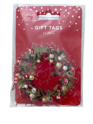 Picture of 12 x christmas wreath gift tags red and green wreath merry and bright red twine