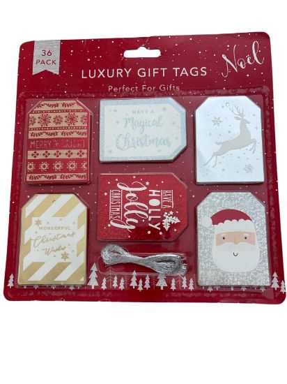 Picture of 36 x Luxury Christmas  Gift Tags 6 designs with Silver Twine NEW MERRY & BRIGHT,