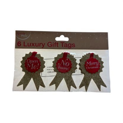 Picture of 6 x Luxury Christmas Gift Tags rosette Style Open Me, No peeking, New
