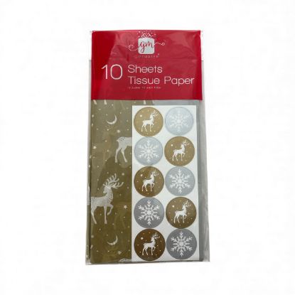 Picture of 10 x sheets Christmas Tissue Paper Stag Design on Gold & Plain Silver NEW + seals
