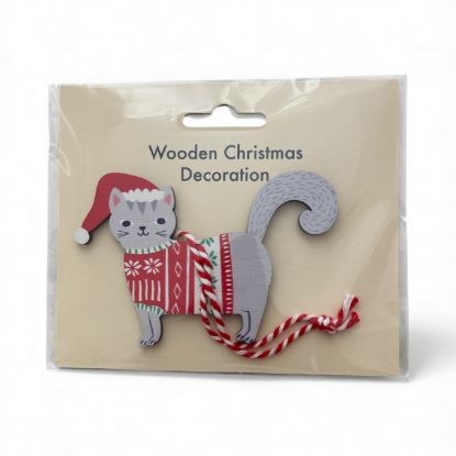 Picture of Wooden Cat Christmas Tree Decoaration grey cat wooden Bauble NEW santa Cat NEW