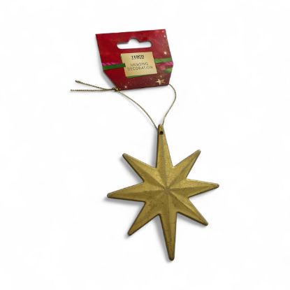 Picture of Christmas Tree Decoration Gold Star NEW hanging Decoration on gold colour twine