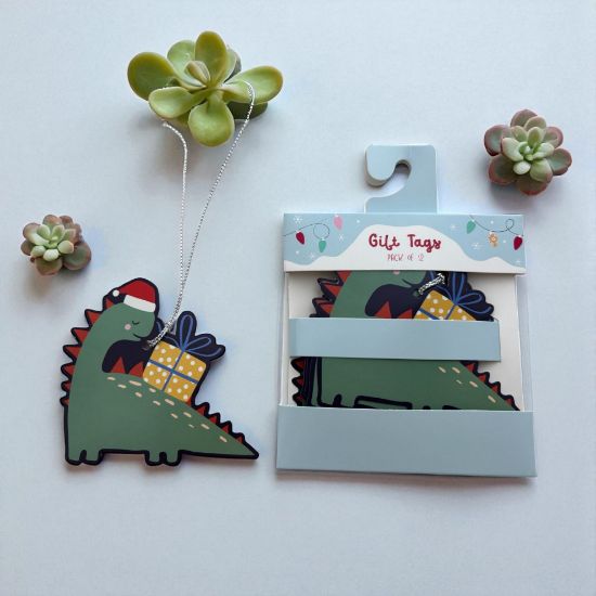 Picture of 12 x  Dinosaur Christma Gift Tags with  silver Twine