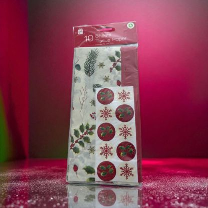 Picture of 10 x Christmas Tissue Paper & Seals Gift Wrap Holly Leaf Red Berry foliage & Red