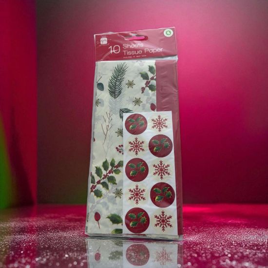Picture of 10 x Christmas Tissue Paper & Seals Gift Wrap Holly Leaf Red Berry foliage & Red