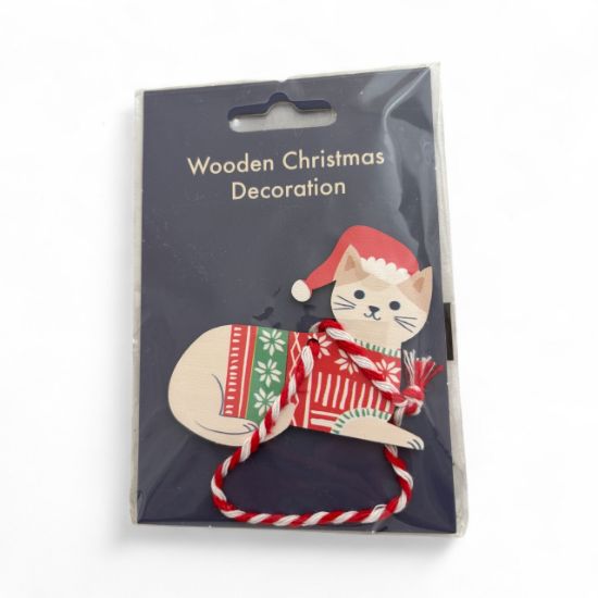 Picture of Wooden Cat Christmas Tree Decoaration white cat wooden Bauble NEW blue packet