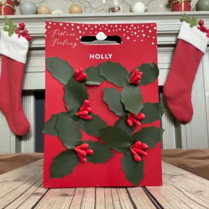 Picture of 6 X Artificial Holly Sprigs and Berries Christmas Holly Leaves Craft pieces