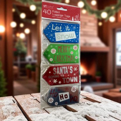 Picture of 40 x Foiled Christmas Gift tags  Let it snow merry xmas etc NEW   with silver twine luggage tags