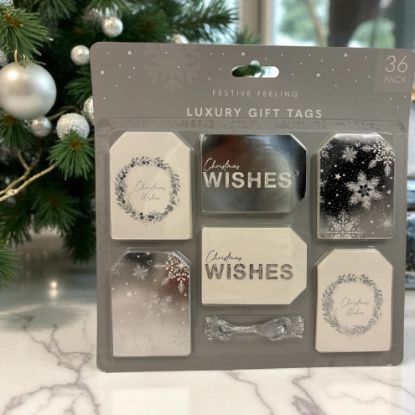 Picture of 36 x Luxury Christmas Gift Tags With Cord - Silver and white foiled gift tags christmas wishes
