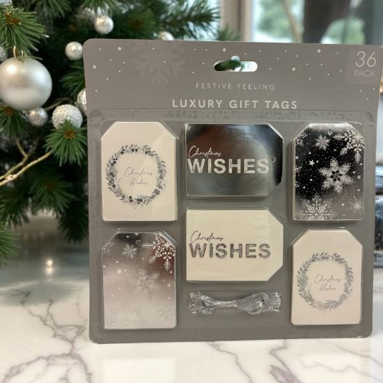 Picture of 36 x Luxury Christmas Gift Tags With Cord - Silver and white foiled gift tags christmas wishes