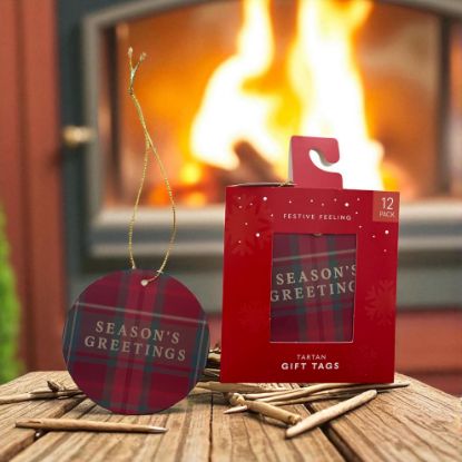 Picture of 12 x Christmas Gift Tags Red Scottish Tartan Design Seasons Greetings slogan NEw