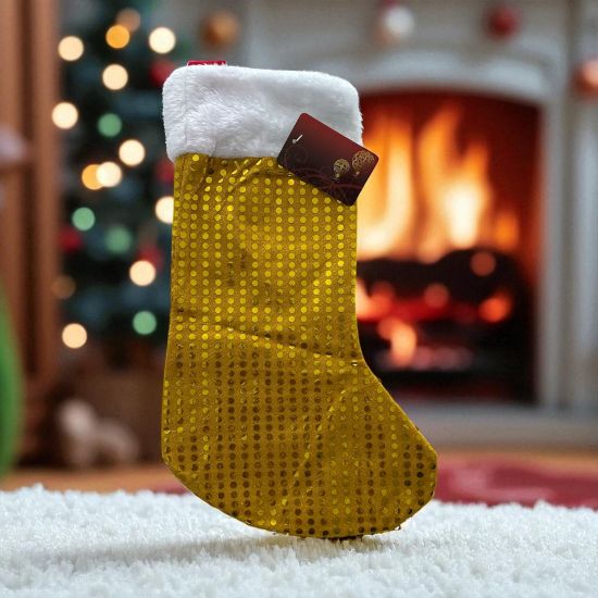 Picture of gold sequin christmas stocking New with white trim