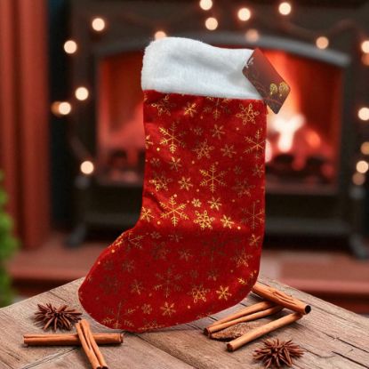 Picture of red  with gold snowflakes christmas stocking New with white trim