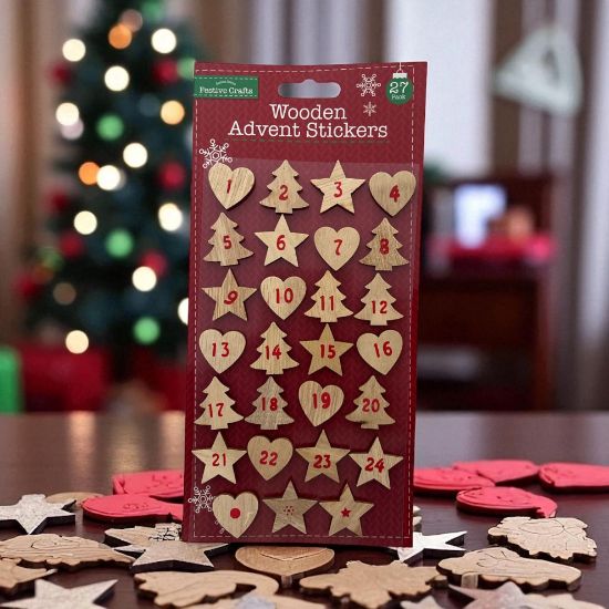 Picture of 24 x Wooden Advent Numbers stickers plus 3 assorted shapes New