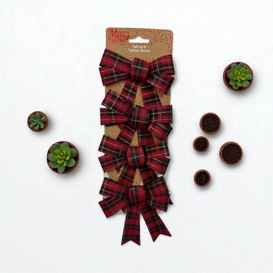 Picture of 4 x christmas tartan bows large red tartan check boxws checked 10.5 cm