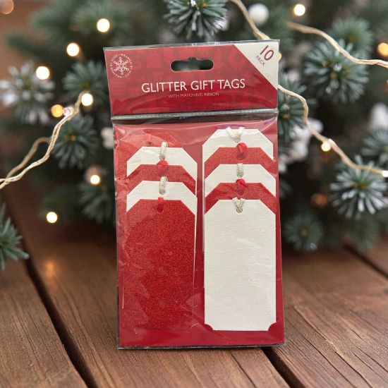 Picture of 10 x Glitter Christmas Gift Tags   Red and white glitter gift tags New