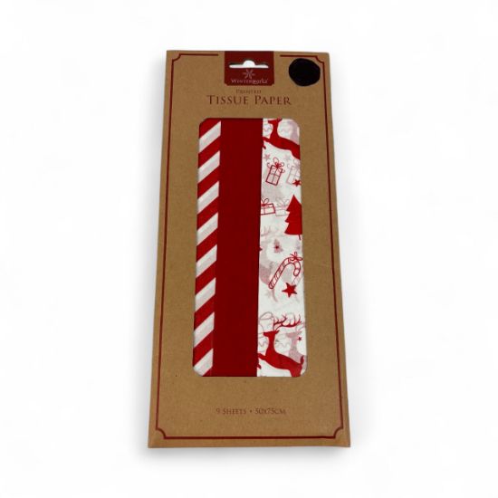 Picture of 9 sheets Christmas  tissue paper red and white design 9 sheetys 50 x 75 cmred, candy red stripes, reindeer designs