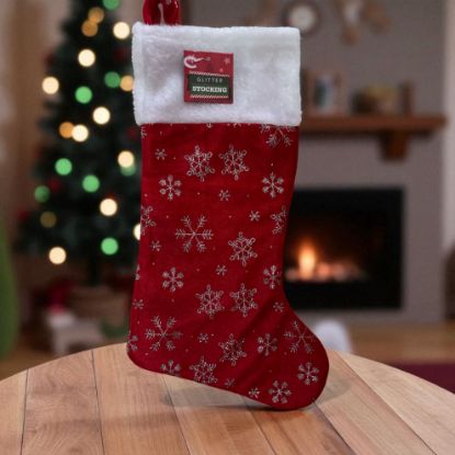 Picture of red glitter velvet feel Christmas stocking  silver snowflake pattern New