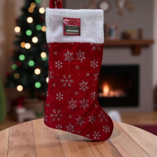 Picture of red glitter velvet feel Christmas stocking  silver snowflake pattern New