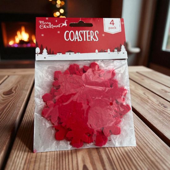 Picture of 4 x red Christmas Drink Coasters Snowflake Shape NEW FELT COASTERS