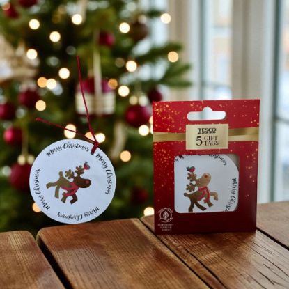 Picture of 2 x 5 Christmas Gift Tags Merry Christmas Gold Foil Rudolph Reindeer Design