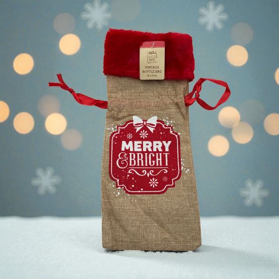 Picture of Merry and Bright Jute Christmas bottle Bag wine bag New