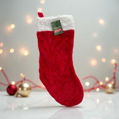 Picture of soft furry red christmas stocking bright red  luxury stocking faux fur white trim