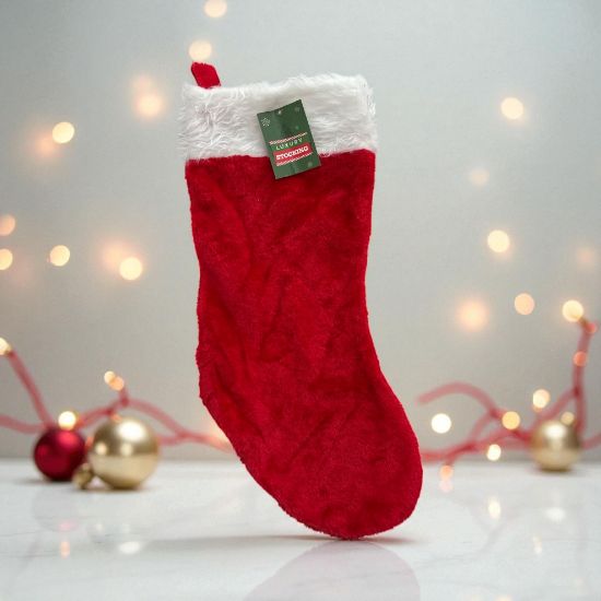 Picture of soft furry red christmas stocking bright red  luxury stocking faux fur white trim