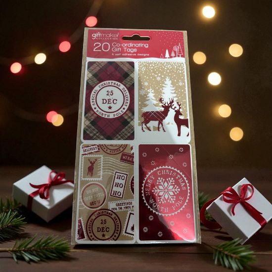 Picture of 20 x Christmas Gift Tags Co-ordinating brown red gold tartan stag designs NEW