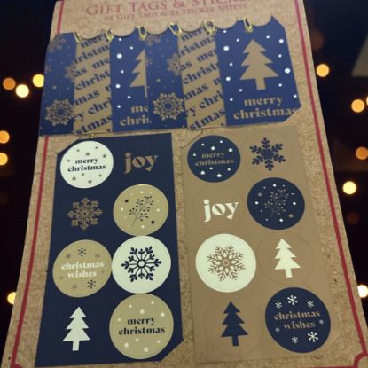 Picture of 6 x Christmas Gift Tags & 20 Sticker Set: Assorted navy blue gold designs NEW