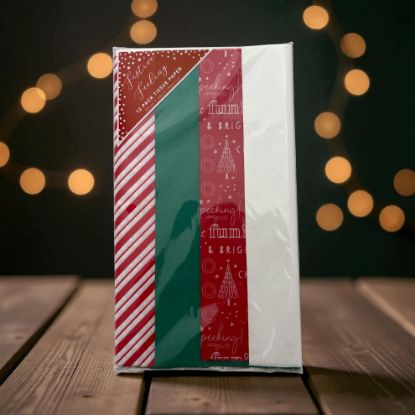 Picture of 12 PACK Christmas TISSUE PAPER   HO! HO! HO! green, white, silver white red stripe
