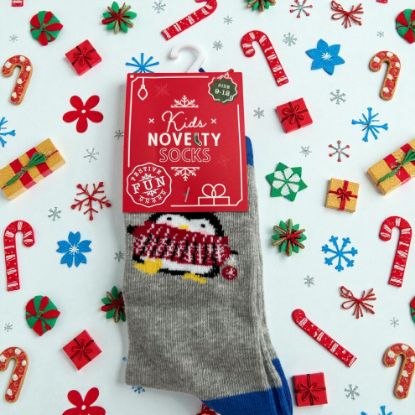 Picture of Kids Christmas Novelty Socks Penguin Socks 9-12 grey blue