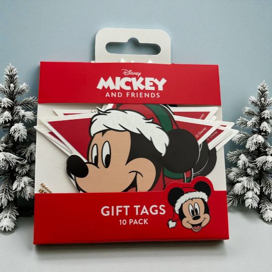Picture of 10 FOIL GIFT TAGS Disney Mickey Mouse FACE CHRISTMAS GOLD TIE star shaped red star shaoed in santa hat