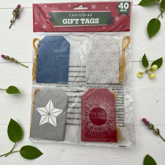 Picture of 40 x Christmas Gift tags   blue "for you" silver with starssilver with white star and red with white merry xmas gold twine