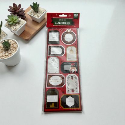 Picture of 100 x Christmas Gift tags Sticky Labels red wreath toy soldier bauble design