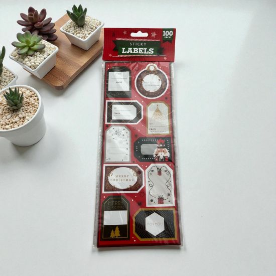 Picture of 100 x Christmas Gift tags Sticky Labels red wreath toy soldier bauble design