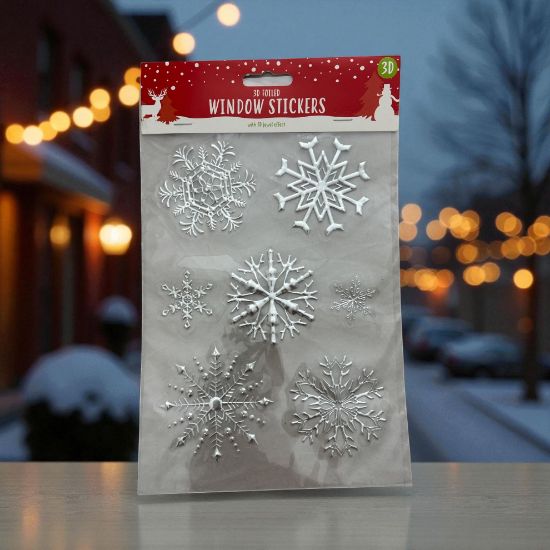 Picture of 7 x 3D Foiled Silver Christmas Snowflakes Window Stickers NEw