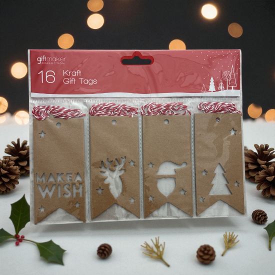 Picture of Pack of 16 Kraft Die Cut Christmas Gift Tags NEW beige Kraft gift tags