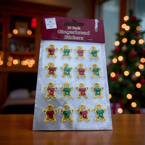Picture of 16 x Christmas Gingerbread men Stickers Gem stickers glitter detail New