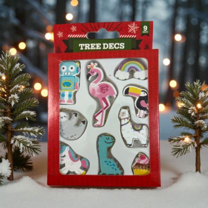 Picture of 9 x Miniature Wooden Christmas Tree Decorations rainbow cupcake llama flamingo