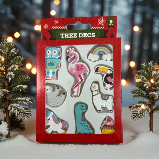 Picture of 9 x Miniature Wooden Christmas Tree Decorations rainbow cupcake llama flamingo