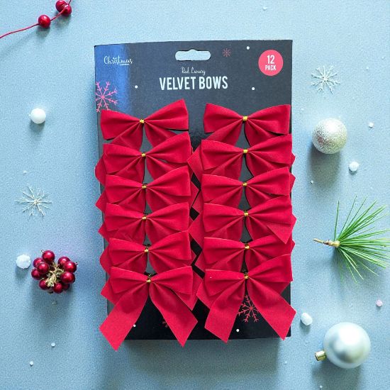 Picture of 12 x red velvet bows christmas velvet bows black card backing , gold in middle