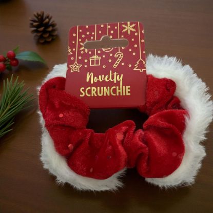 Picture of Christmas Style Hair Scrunchy santa outfit red with sequins & white faux fur New