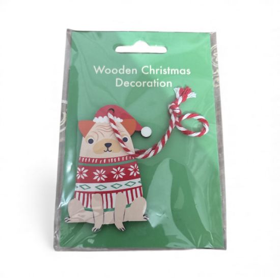 Picture of wooden pug christmas tree decoration PUG Bauble NEW