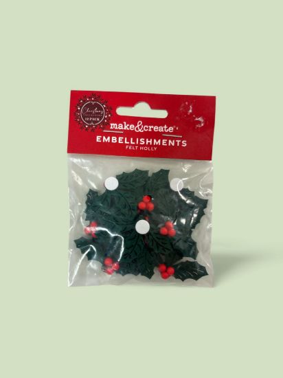 Picture of 12 x Christmas Felt Holly Embellishments: Dark green New